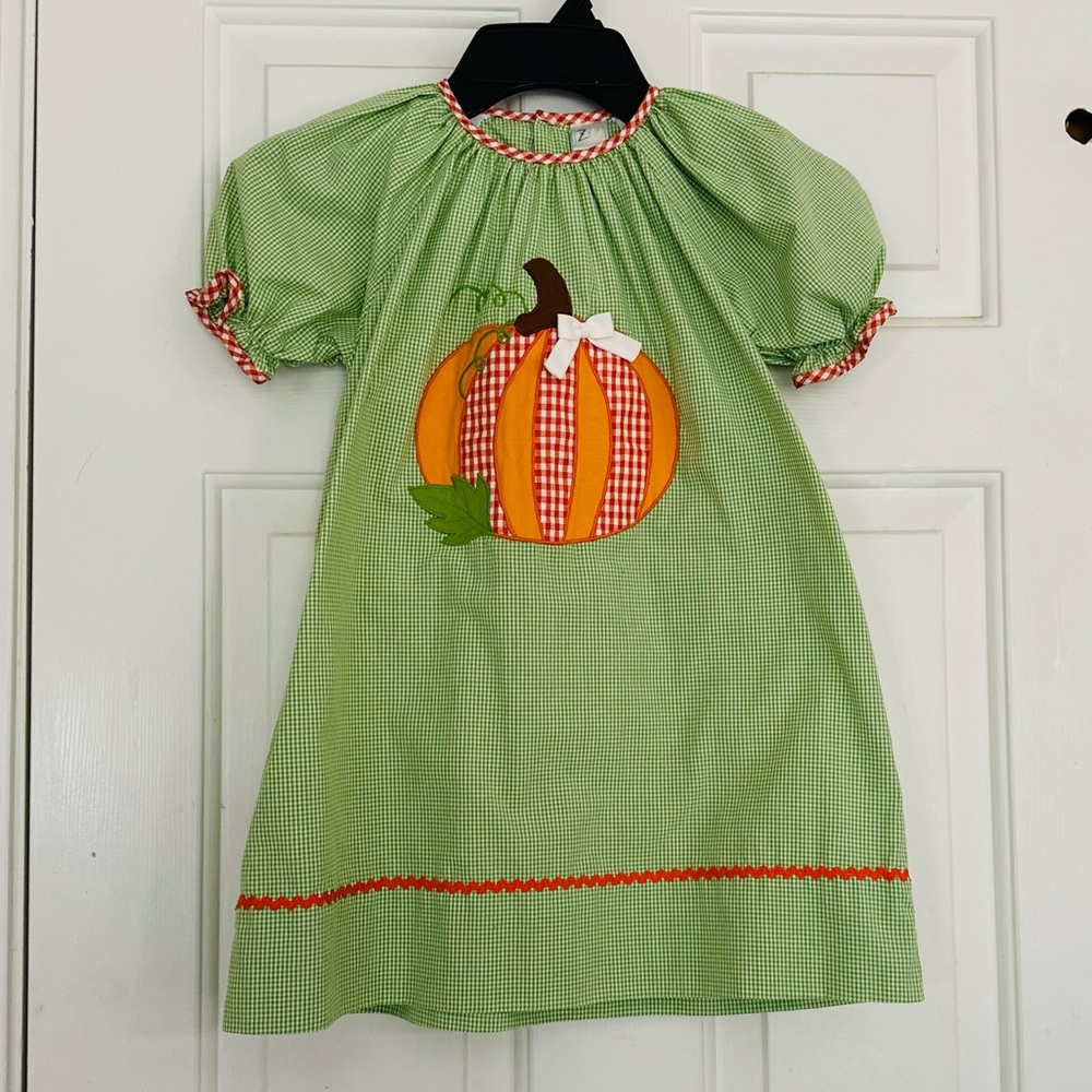 Seasonal Green Gingham and Orange Dress with Pumpkin Appliqué